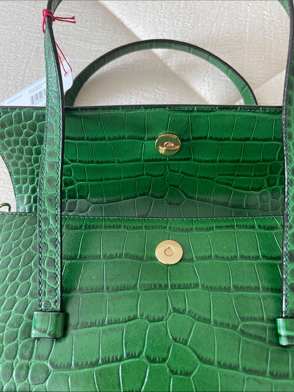 Frances Valentine Emerald Croc-Embossed leather Small Slim Tote with Gold Logo - Picture 6 of 8